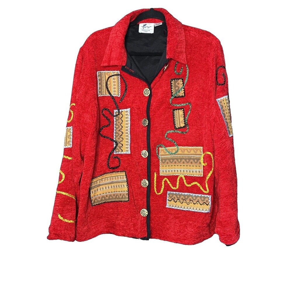 Vtg 90s Earth Sea & Sky Red Embroidered Ribbon Knit Jacket Sz XL Eclectic Funky